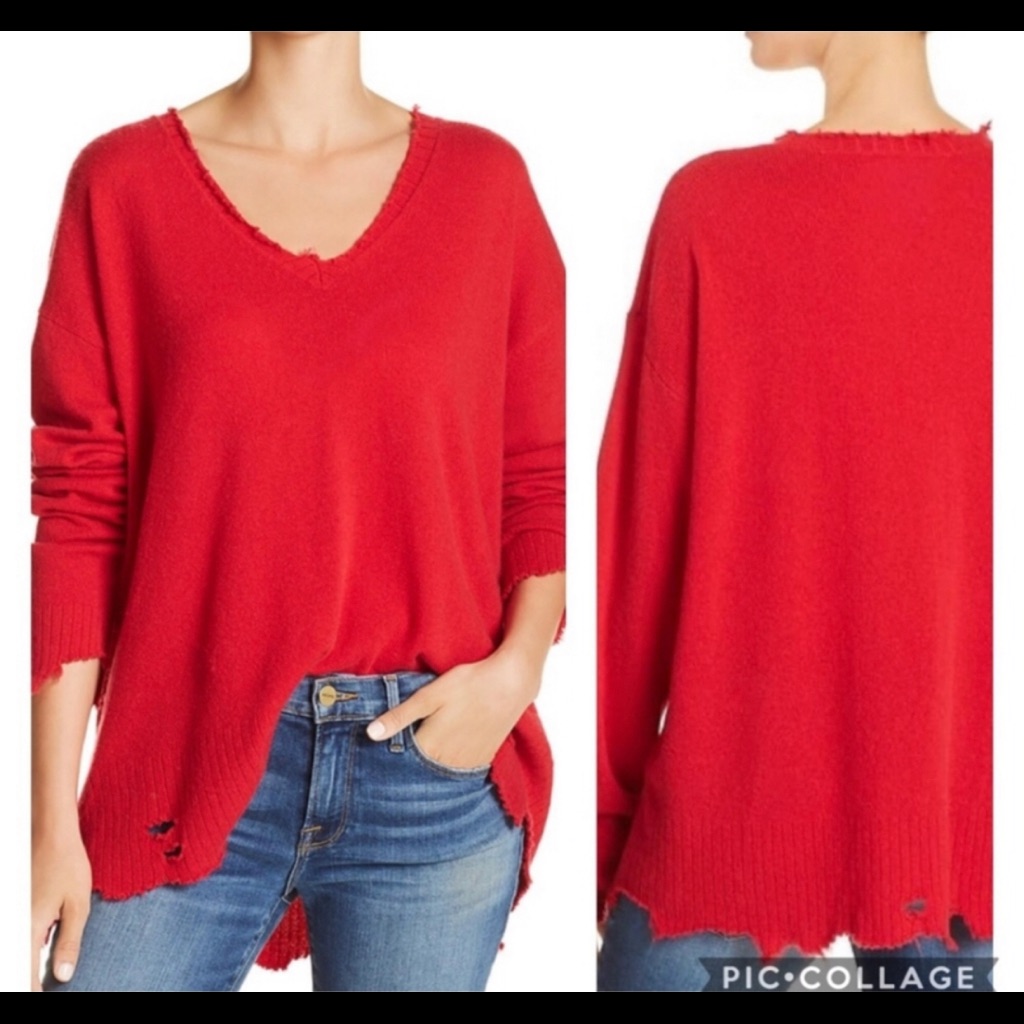 Current/Elliott Red Wool Cashmere V-Neck Sweater